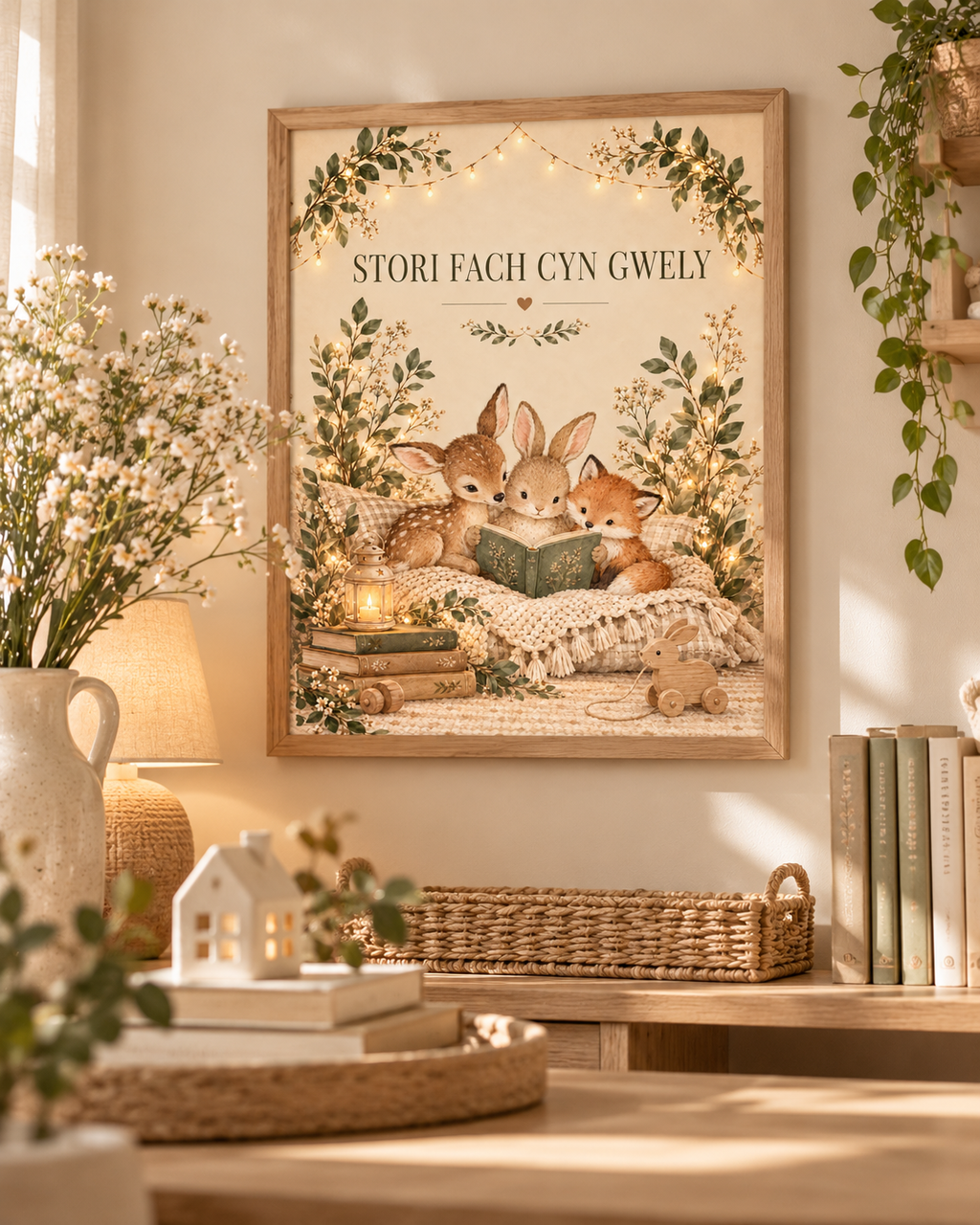 Stori Fach Cyn Gwely Welsh bedtime story with fawn, rabbit and fox reading a book among soft woodland foliage styled in a nursery