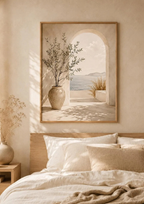 Mediterranean olive tree and stone archway overlooking a calm sea styled in a bedroom