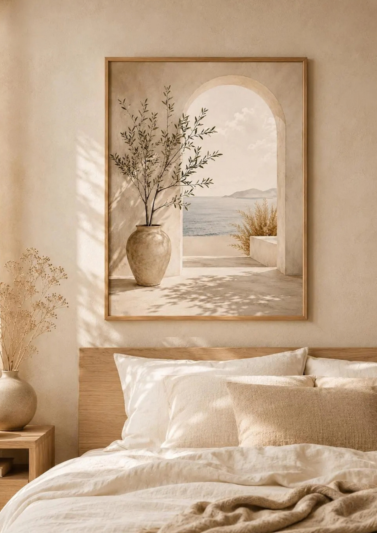Mediterranean olive tree and stone archway overlooking a calm sea styled in a bedroom