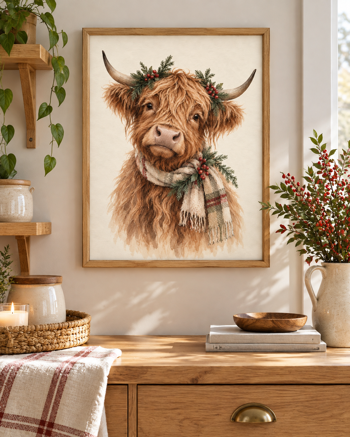 Christmas Highland cow watercolour with tartan scarf, evergreen sprigs and red berries styled in a kitchen