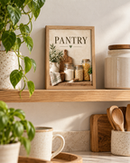 Rustic pantry artwork with glass storage jars, wooden chopping board, ceramic jug, white flowers and PANTRY lettering styled in a shelf display