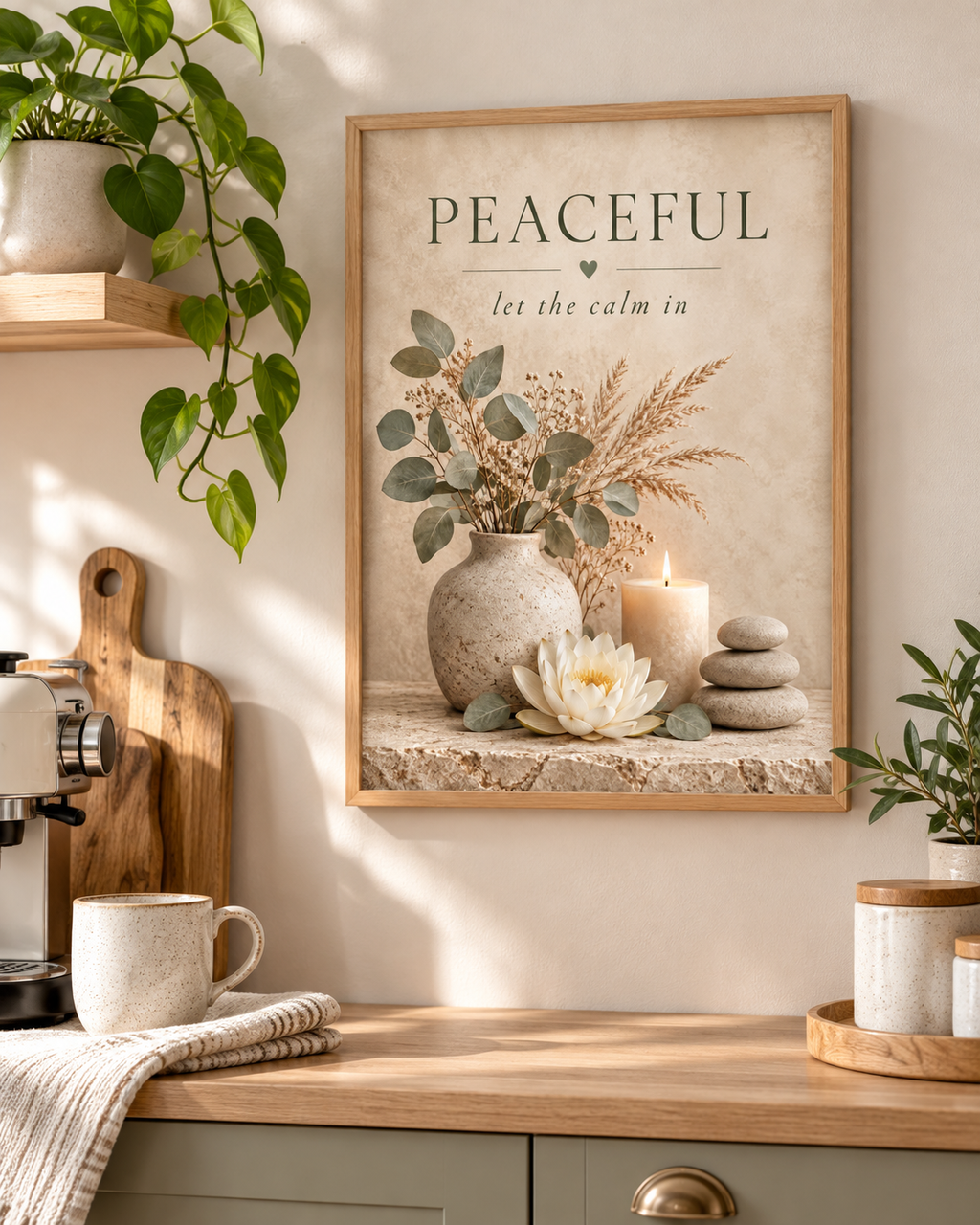 Peaceful let the calm in botanical artwork with eucalyptus, dried grasses, lotus flower, candle and stacked stones styled in a kitchen