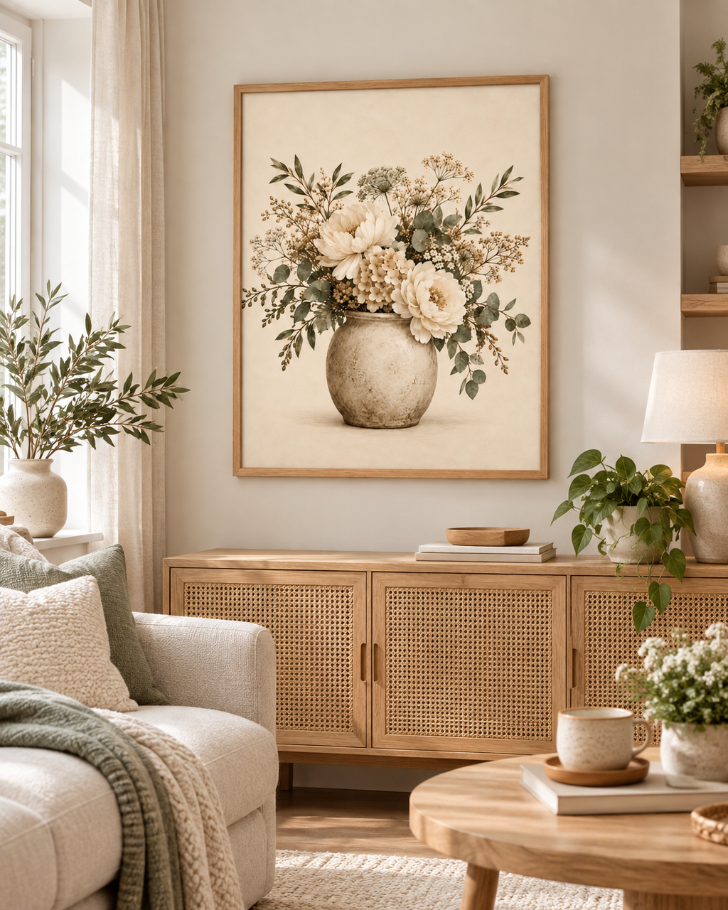 Cream floral bouquet artwork above a wooden sideboard