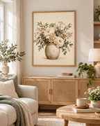 Cream floral bouquet artwork above a wooden sideboard