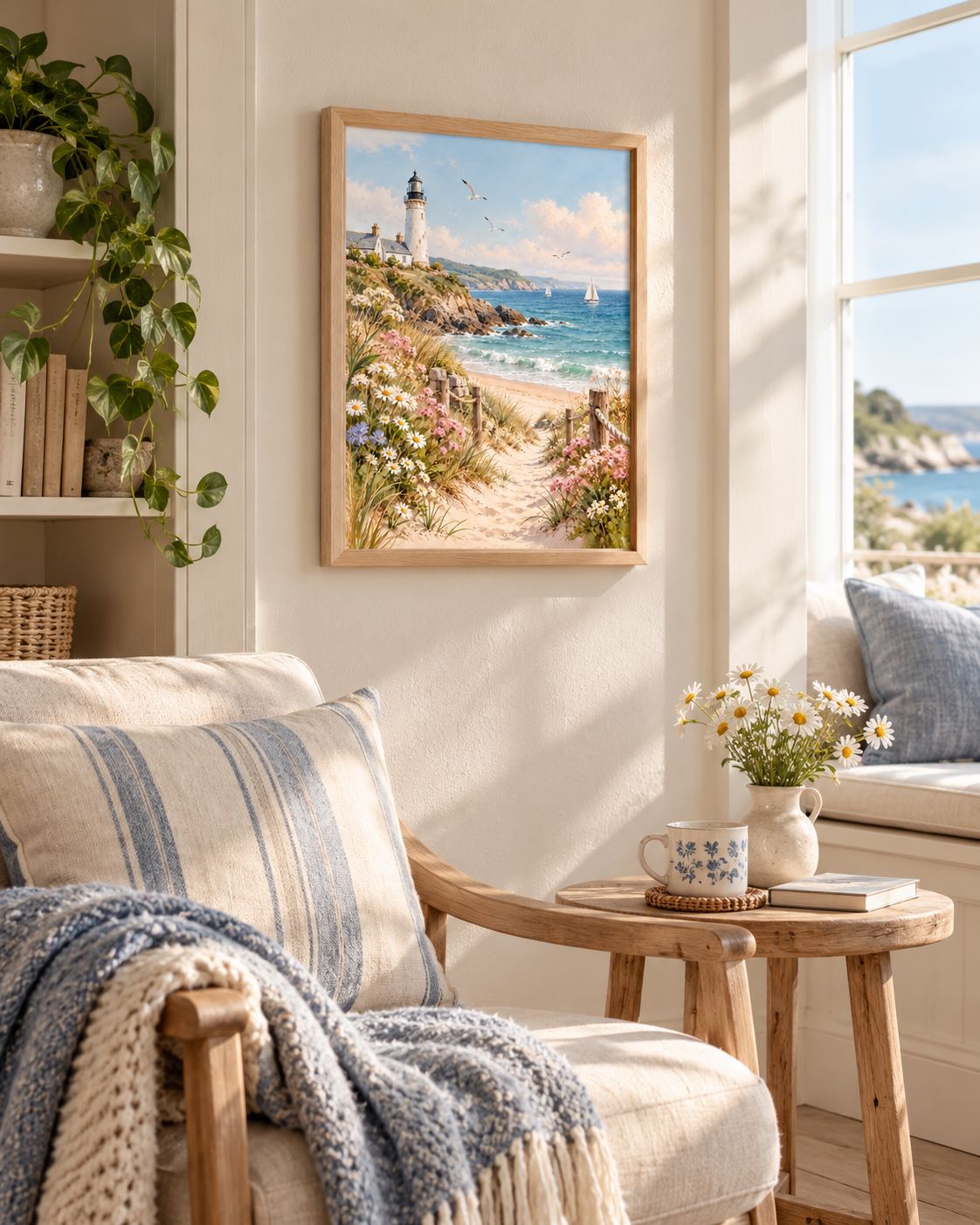 White coastal lighthouse above a sandy beach path with turquoise waves, sailboats, white daisies and pink wildflowers styled in a reading corner