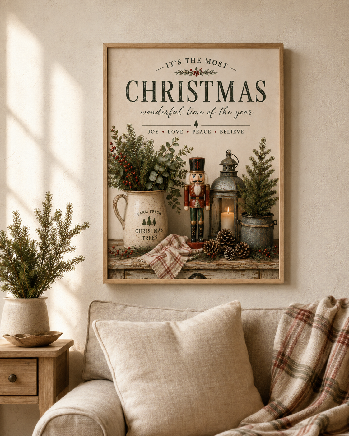 Rustic Christmas nutcracker, evergreen foliage, red berries and candlelit lantern beneath vintage Christmas typography styled in a living room