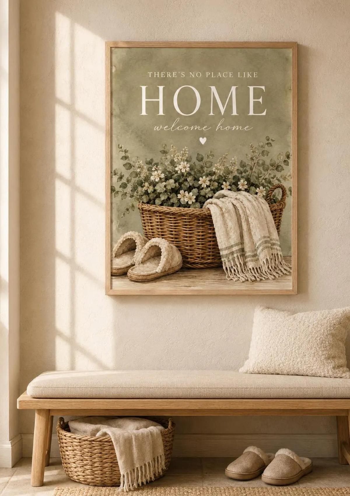 There's No Place Like Home and welcome home artwork with ivory flowers, foliage, wicker basket, cream throw and slippers styled in a hallway