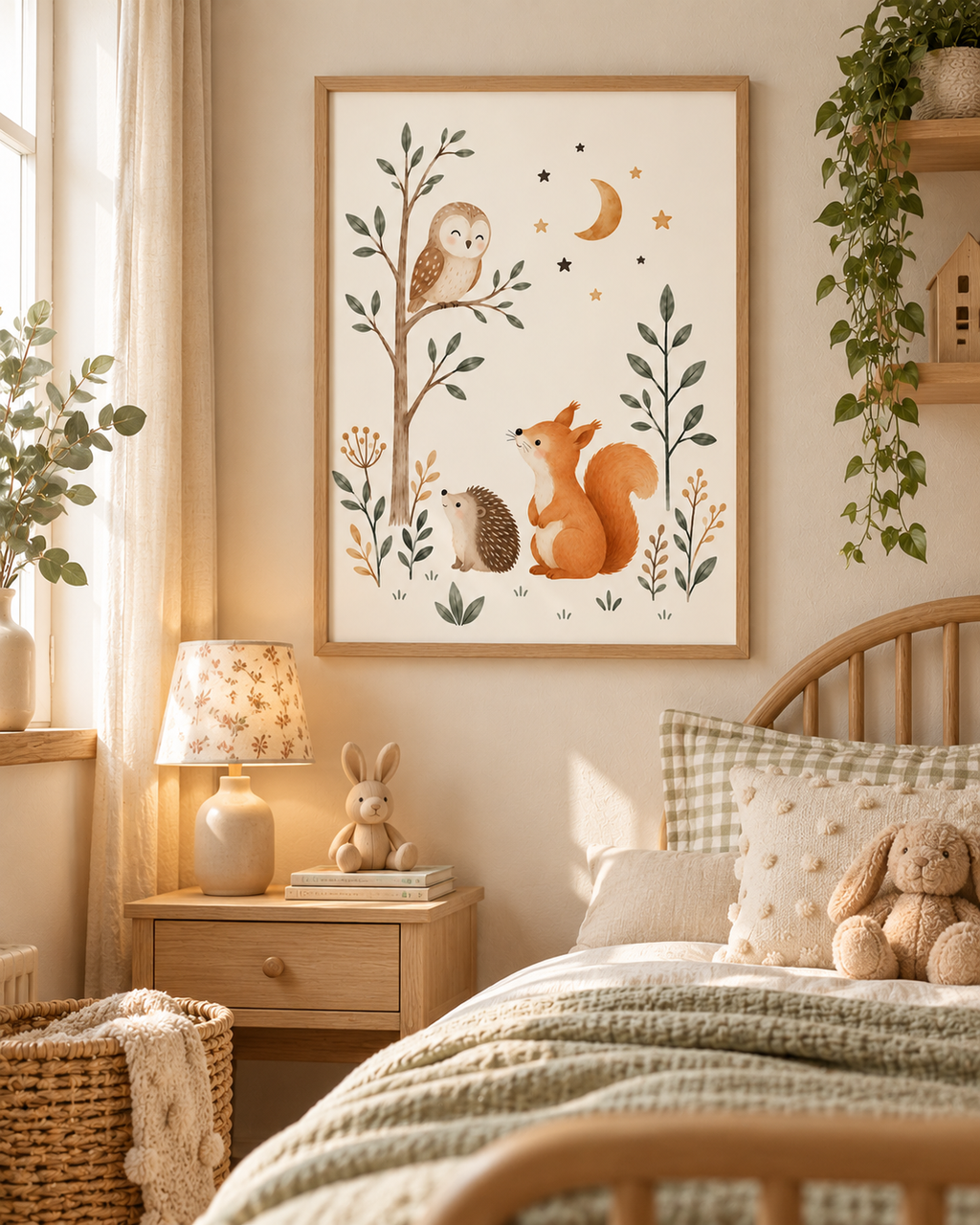 Woodland nursery owl, squirrel and hedgehog beneath a crescent moon and stars styled in a nursery