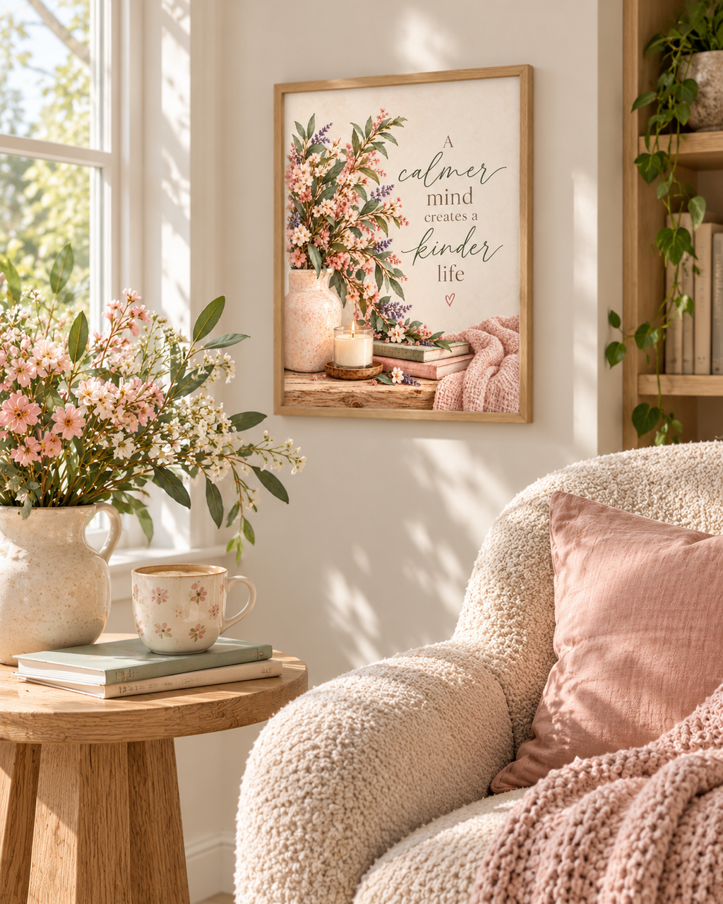 A calmer mind creates a kinder life quote with pink and ivory flowers, sage foliage, ceramic vase, candle, books and blush knitted throw styled in a reading corner