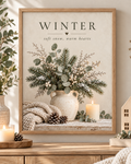 Winter soft snow, warm hearts artwork with snowy evergreens, eucalyptus, white berries, ceramic vase, knitted blanket, pine cones and candle; print only, frame not included