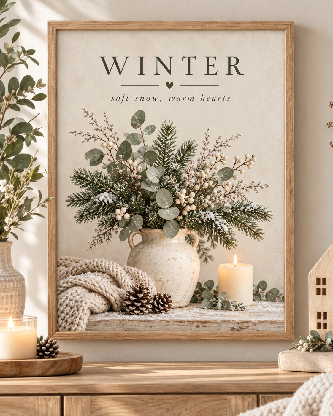 Winter soft snow, warm hearts artwork with snowy evergreens, eucalyptus, white berries, ceramic vase, knitted blanket, pine cones and candle; print only, frame not included