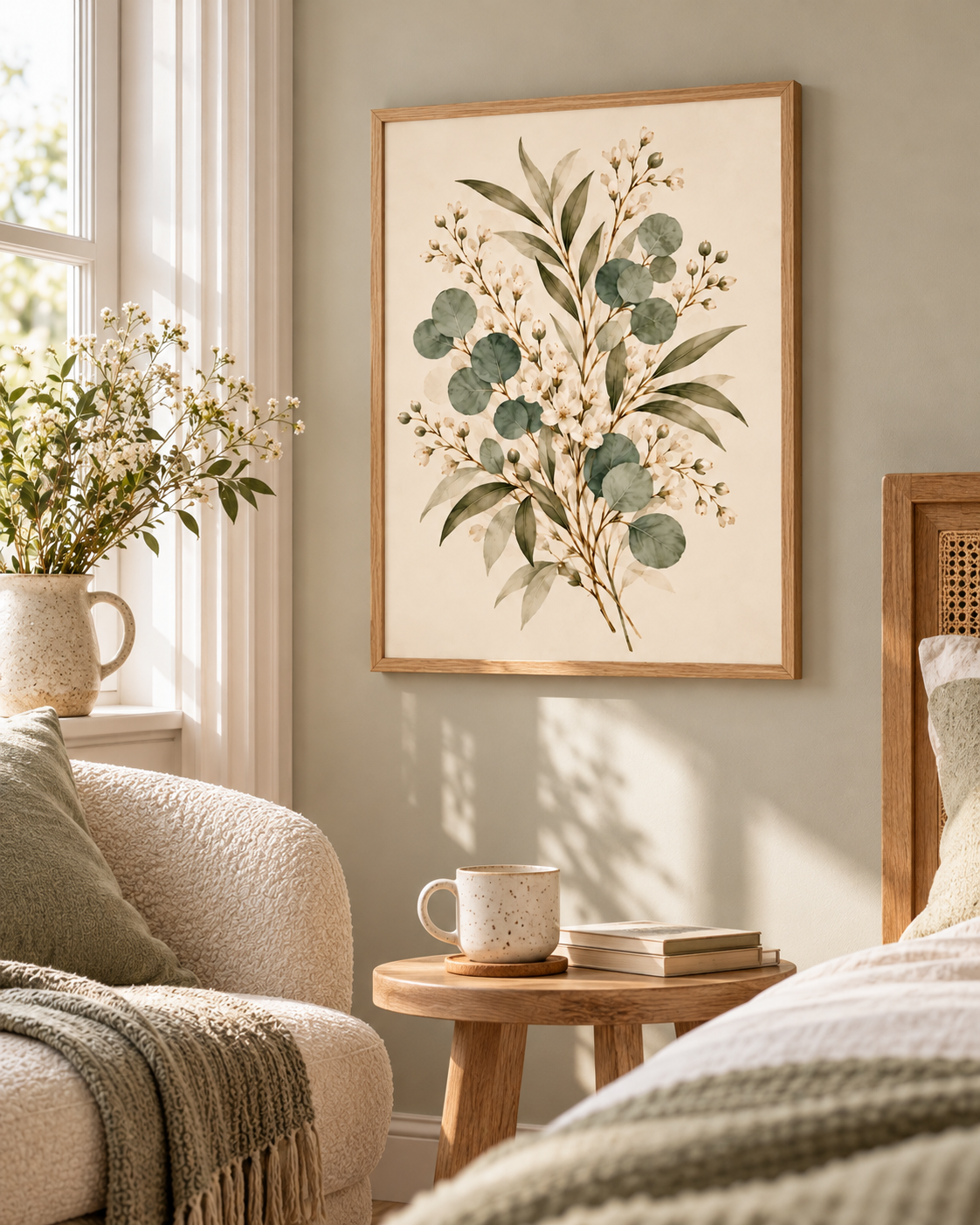 Delicate sage green eucalyptus, olive-toned foliage and ivory-white flowers on a warm neutral background styled in a reading corner