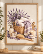 Lavender spa basket artwork with rolled towels, flowers and bath accessories