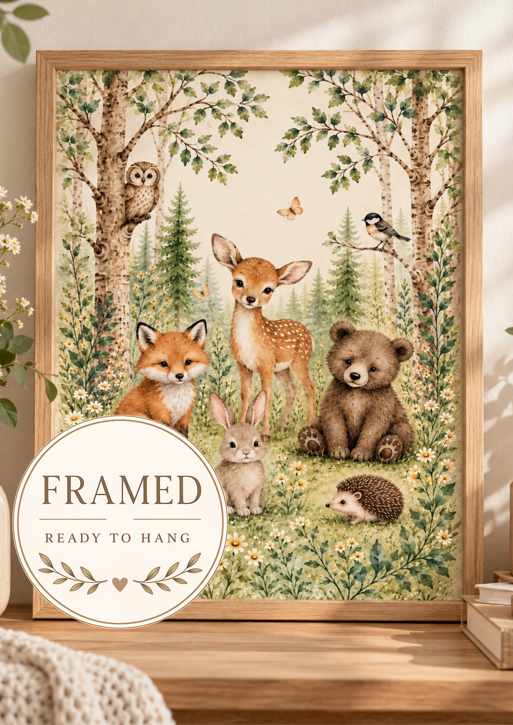 Watercolour woodland animals with fawn, fox, bear cub, bunny, hedgehog, owl and bird among trees and flowers; framed and ready to hang badge