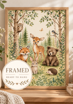 Watercolour woodland animals with fawn, fox, bear cub, bunny, hedgehog, owl and bird among trees and flowers; framed and ready to hang badge