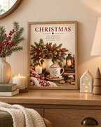 Cosy Christmas hot chocolate still life with evergreen foliage, red berries, candle and lantern styled in a shelf display