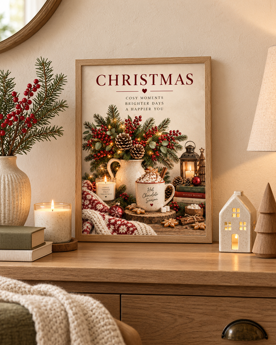Cosy Christmas hot chocolate still life with evergreen foliage, red berries, candle and lantern styled in a shelf display