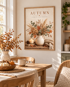 Autumn crisp air cosy moments artwork with dried flowers, eucalyptus and grasses in a rustic vase, candle and knitted blanket styled in a dining area