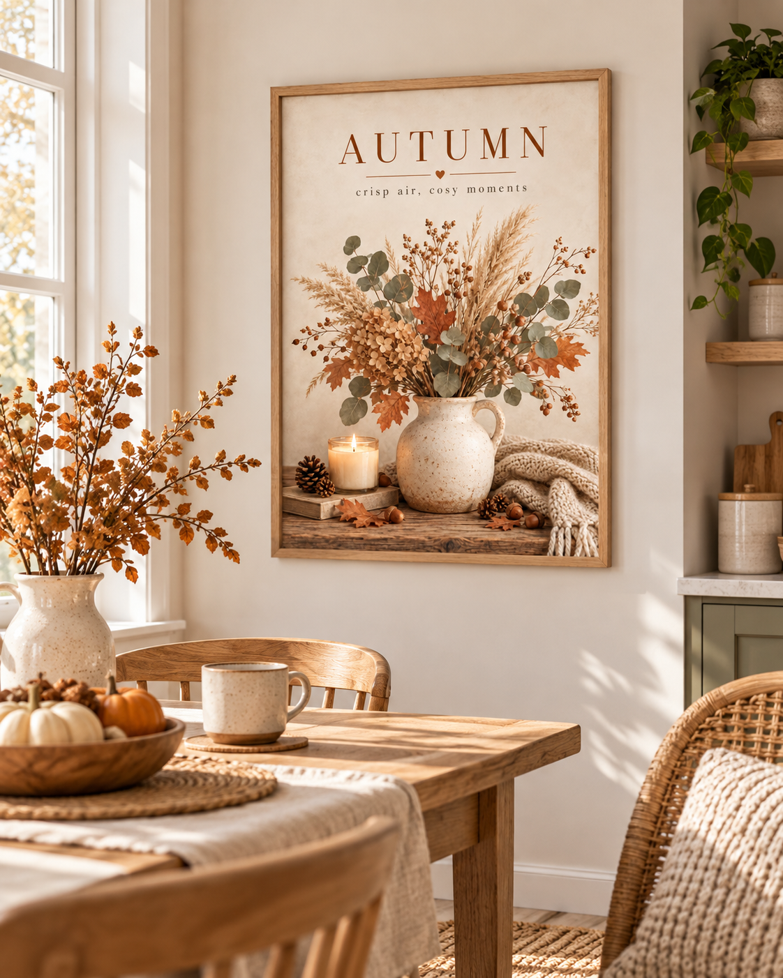Autumn crisp air cosy moments artwork with dried flowers, eucalyptus and grasses in a rustic vase, candle and knitted blanket styled in a dining area