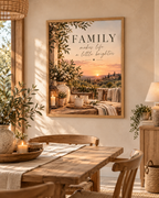 Family makes life a little brighter quote with Tuscan countryside sunset, olive greenery, white flowers, rustic ceramics and candlelight styled in a dining area