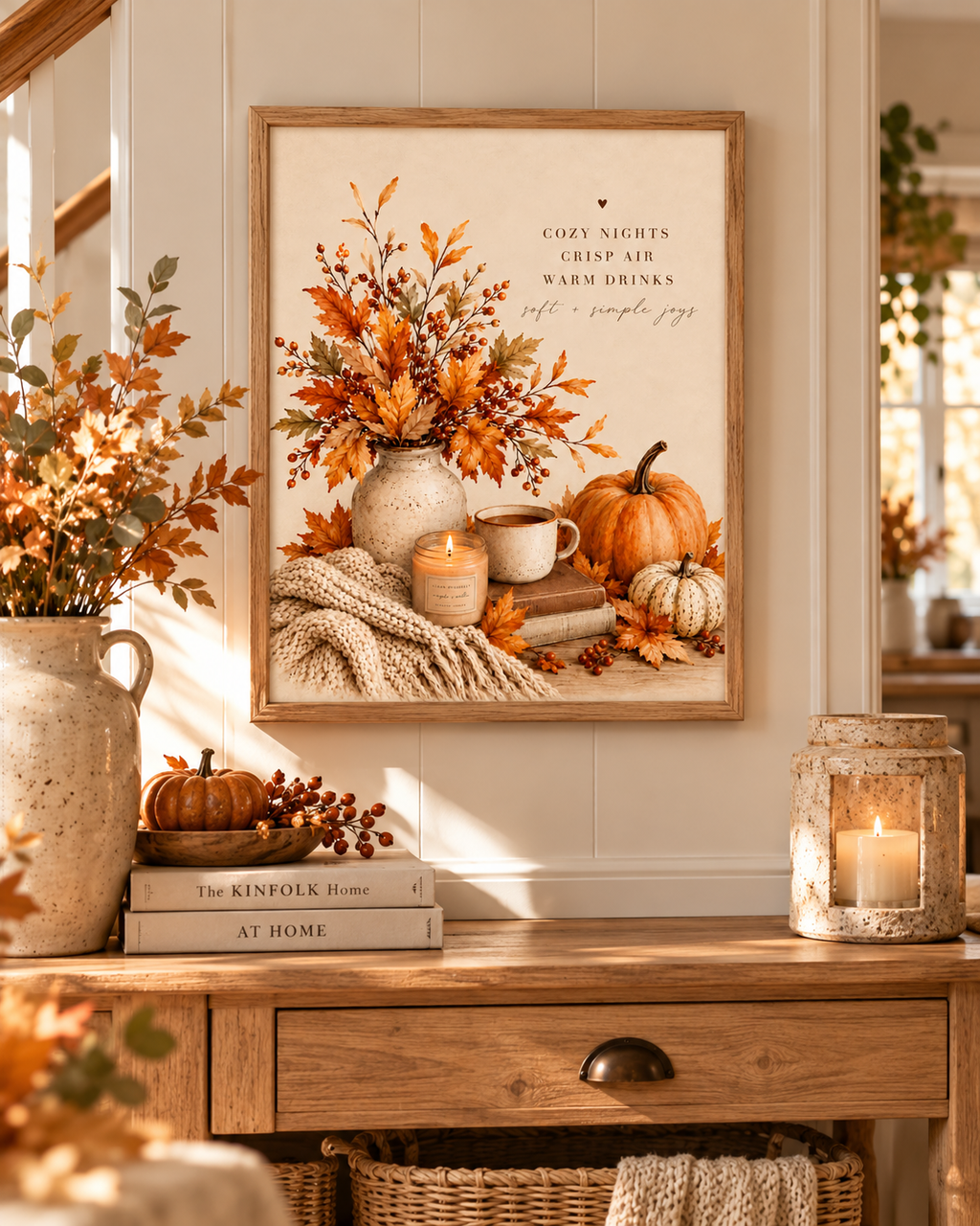 Autumn cosy nights quote with pumpkins, falling leaves, rustic vase, warm drink and knitted blanket styled in a living room