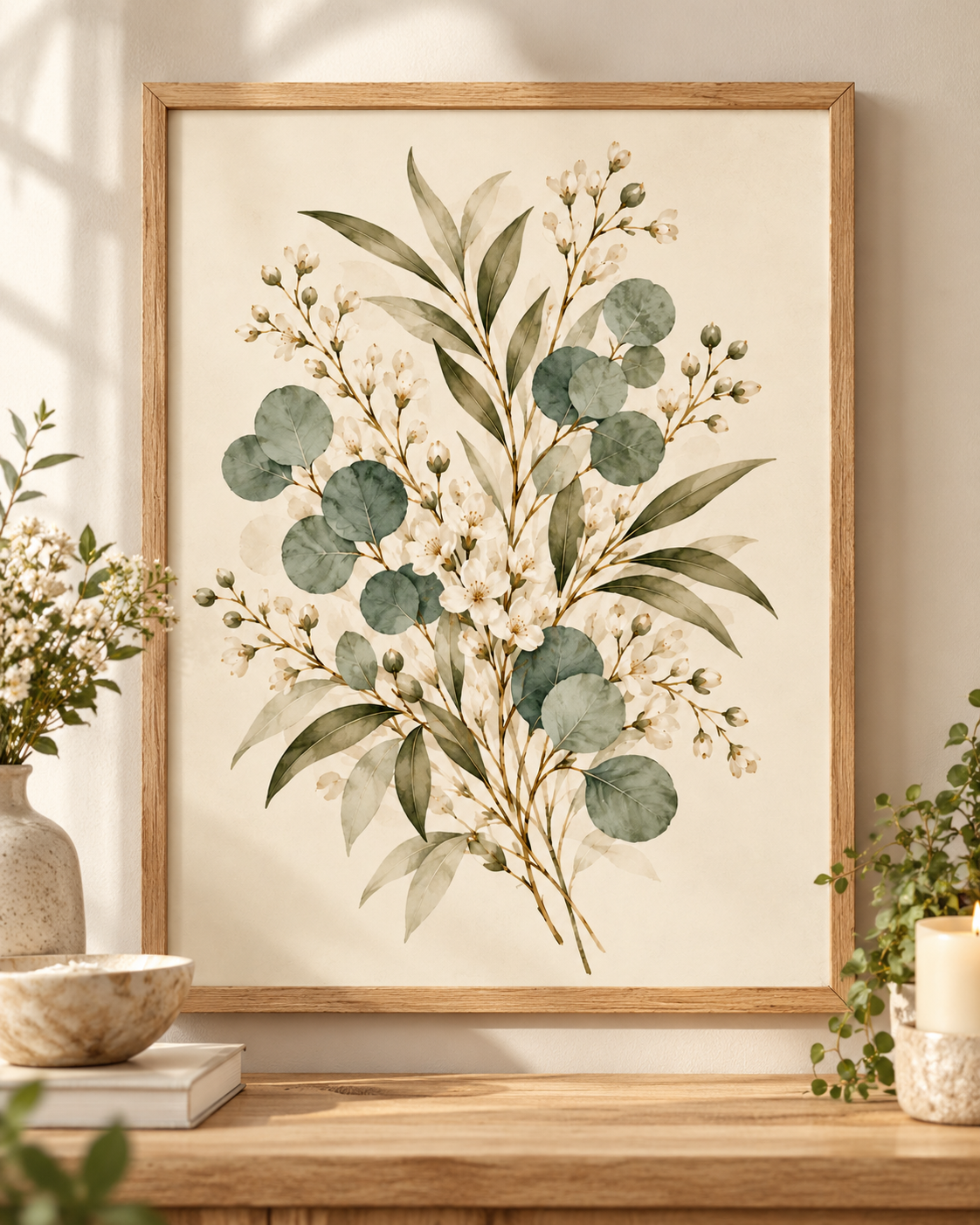 Delicate sage green eucalyptus, olive-toned foliage and ivory-white flowers on a warm neutral background; print only, frame not included