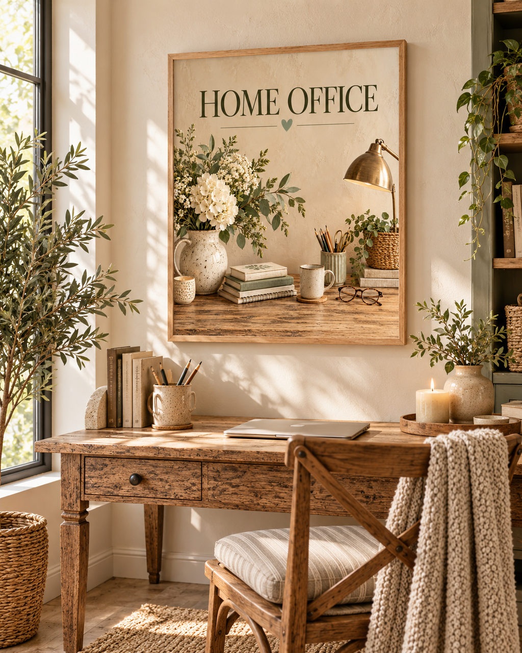 Home Office typography with a wooden desk, books, stationery, coffee mug, desk lamp and white florals styled in a home office