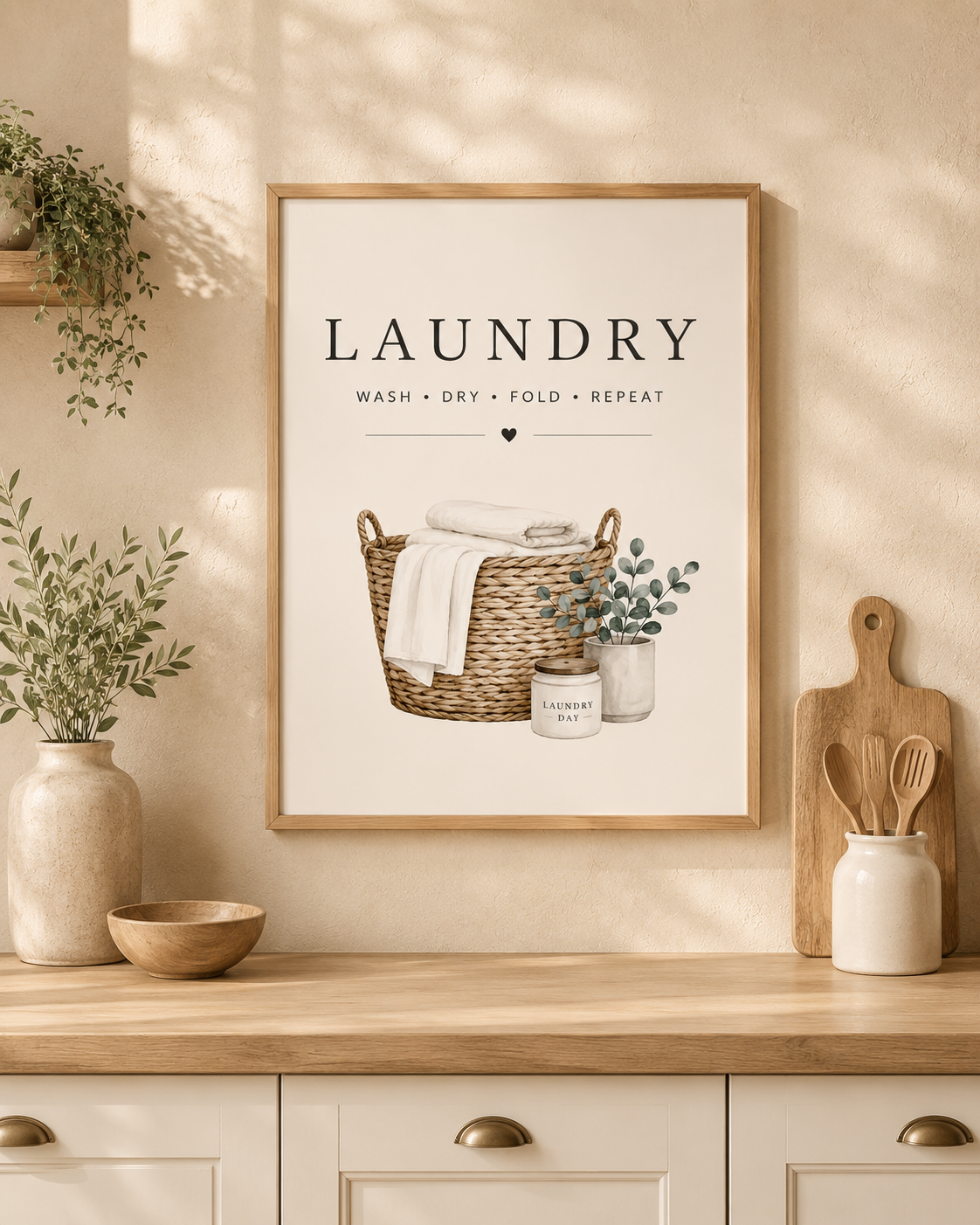 Laundry basket with folded linens, foliage and wash dry fold repeat lettering styled in a kitchen