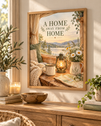 A Home Away From Home quote with lakeside view, lantern, mug, map, wildflowers and cosy blanket styled in a console display