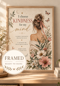 Framed Self Care Affirmation Print, Floral Kindness Wall Art for Bedroom