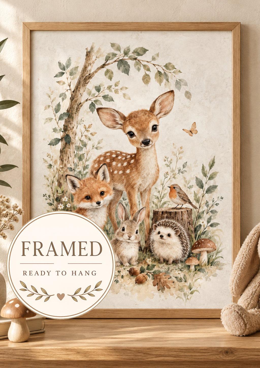 Framed Woodland Nursery Print, Deer Fox Bunny & Hedgehog Watercolour