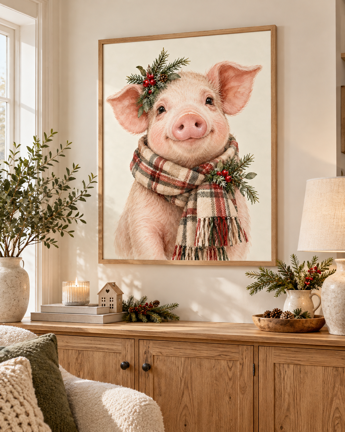 Christmas pink piglet illustration with tartan scarf, evergreen sprigs, red berries and pine cones on a warm cream background styled in a living room