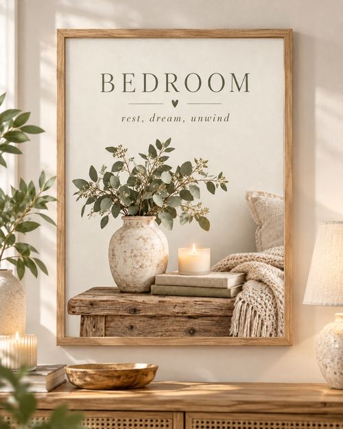 Bedroom rest dream unwind botanical artwork with eucalyptus, ceramic vase, candle, books and knitted blanket; print only, frame not included