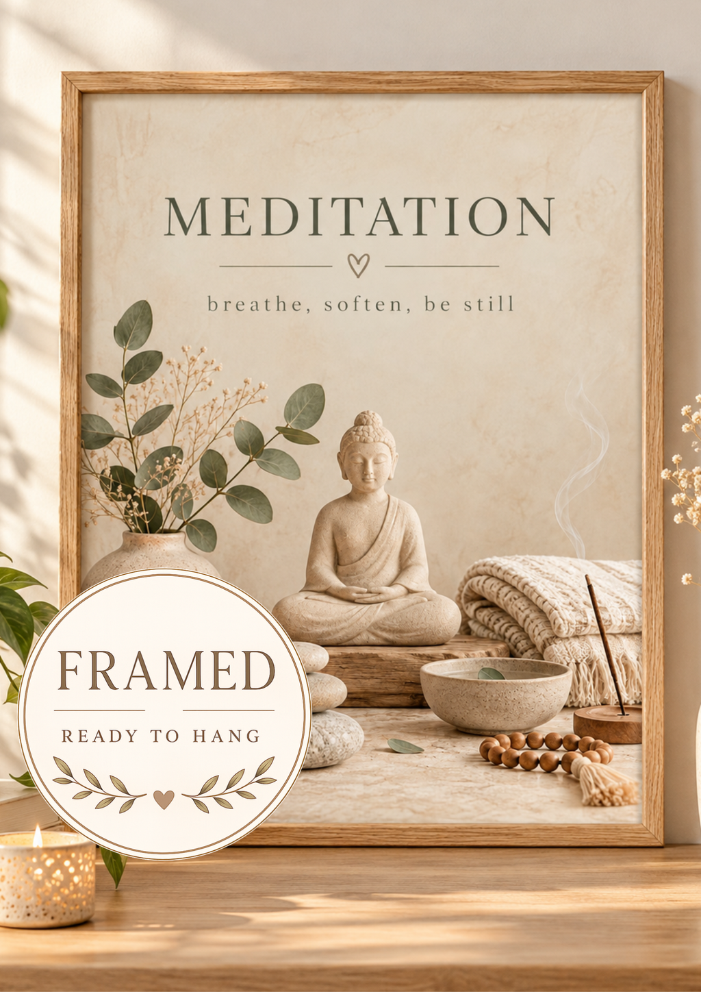 Buddha meditation artwork with eucalyptus, candle, stones and the words breathe, soften, be still; framed and ready to hang badge