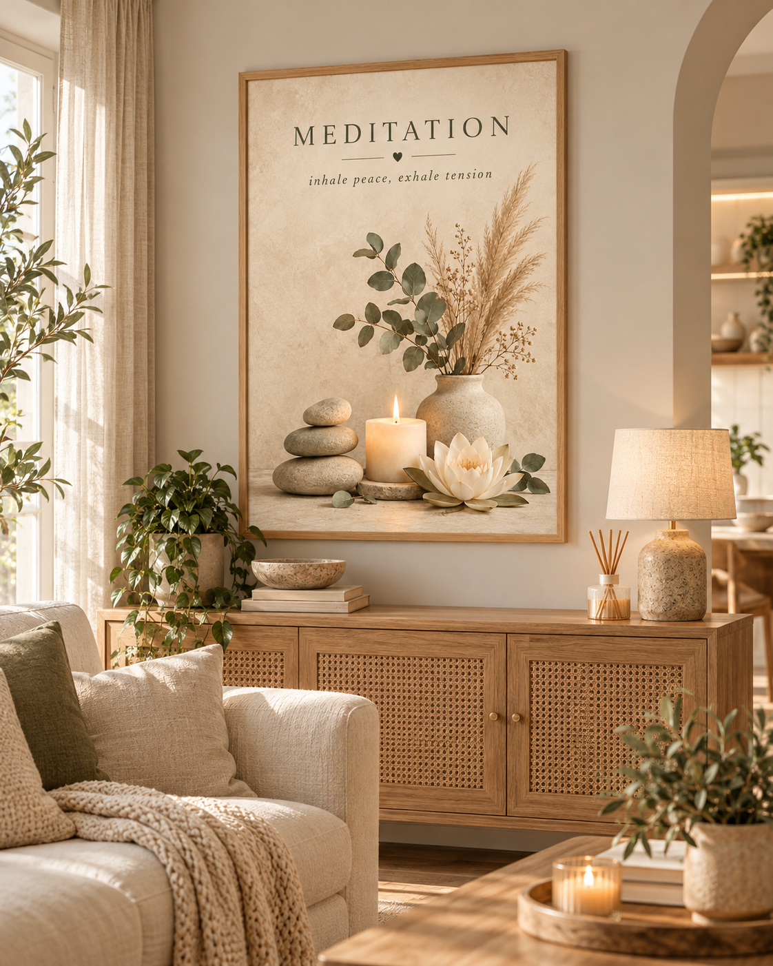 Meditation artwork with the words inhale peace, exhale tension, botanical stems, lotus flower, candle and stones styled in a living room