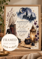 Magical snowy owl, moonlit castle, books, wizard hat and glowing lantern with an inspirational light and happiness quote; framed and ready to hang badge
