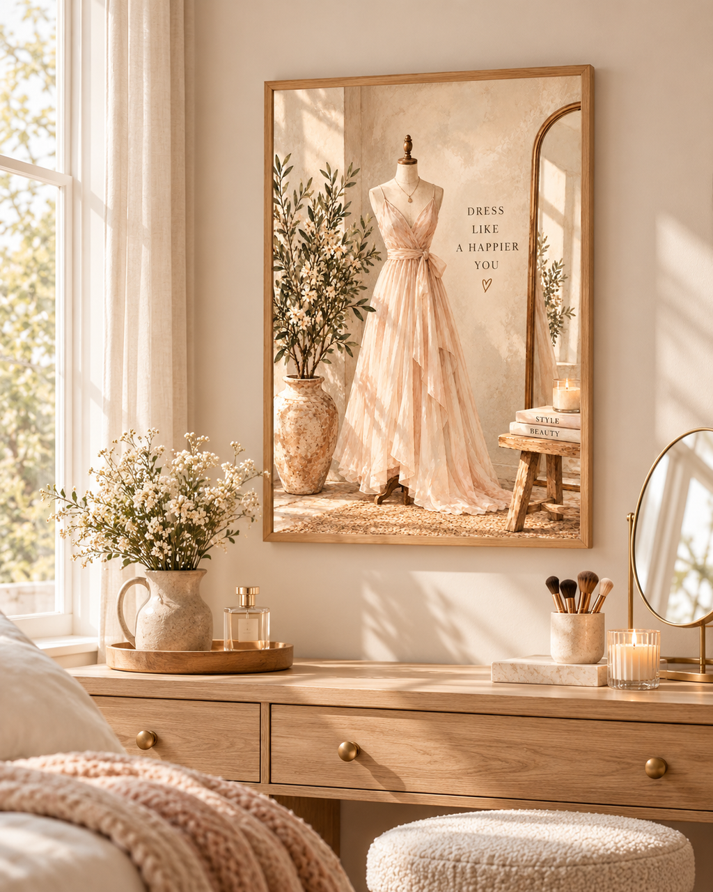 Blush dress on a mannequin with Dress like a happier you quote and soft neutral dressing room styling in a styled home display