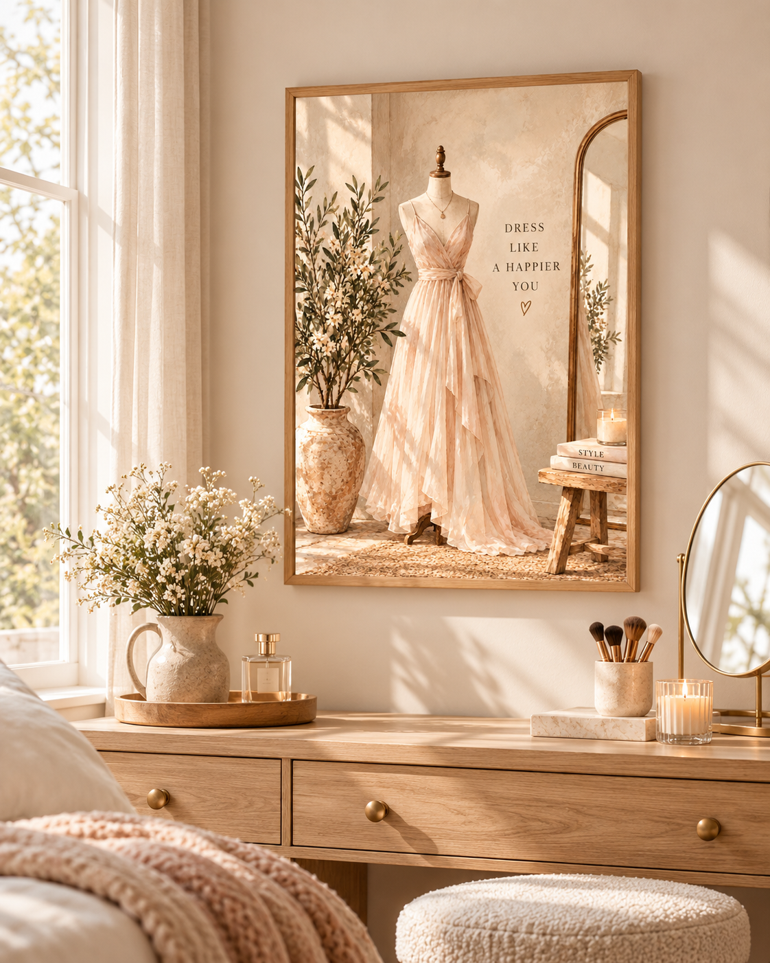 Blush dress on a mannequin with Dress like a happier you quote and soft neutral dressing room styling in a styled home display