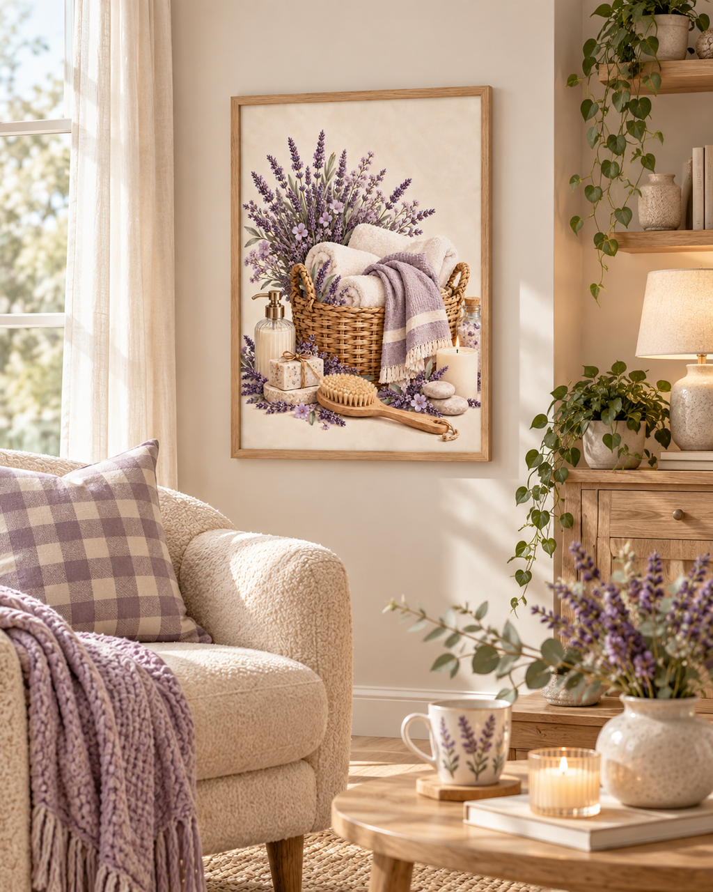 Framed lavender artwork beside a cosy chair and table