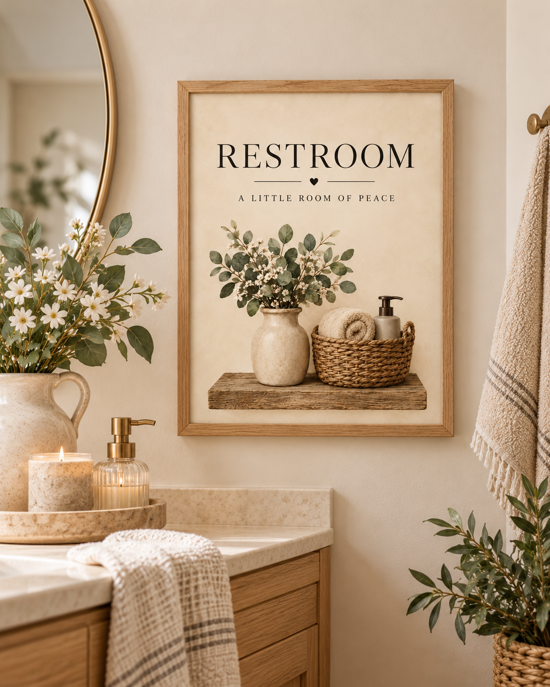 Restroom a little room of peace quote with botanical vase, ivory white flowers, rustic shelf, woven basket, towel and soap dispenser styled in a bathroom