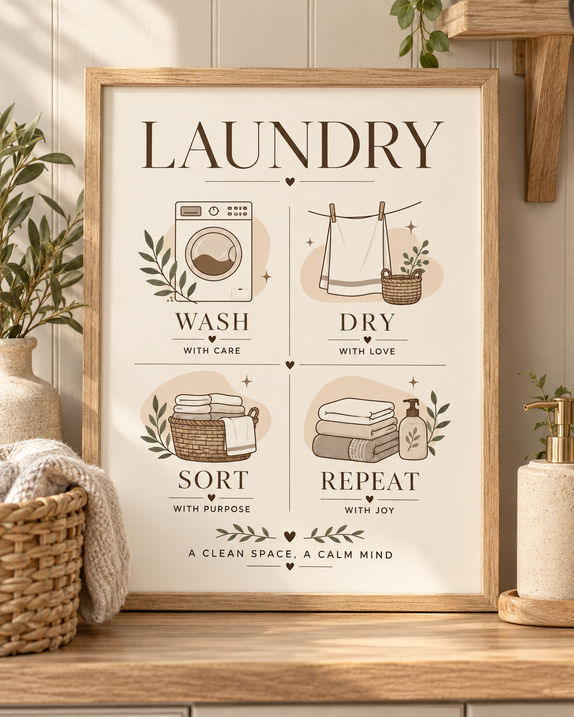 Wash Dry Sort Repeat laundry artwork with washing machine, drying line, woven basket, folded towels and botanical sprigs; print only, frame not included