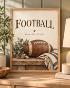 Vintage American football with game day all day wording, greenery and knitted textures; print only, frame not included