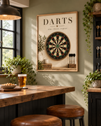 Vintage dartboard with Darts and aim, throw, repeat wording, rustic wood and greenery styled in a games room