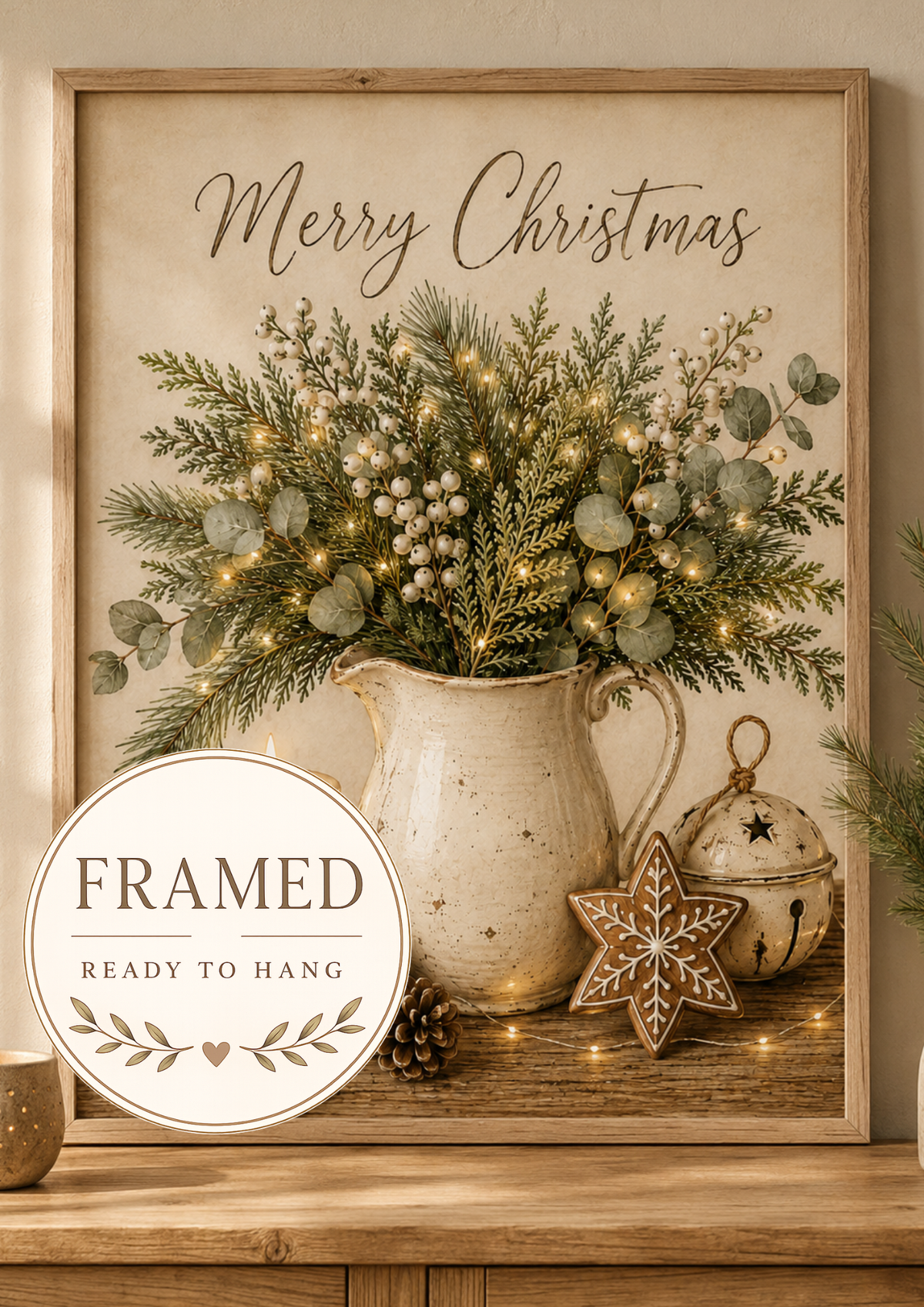 Framed Christmas Wall Art Print, Merry Christmas Greenery Decor, Neutral Farmhouse Artwork for Living Room, Cosy Festive Home Gift