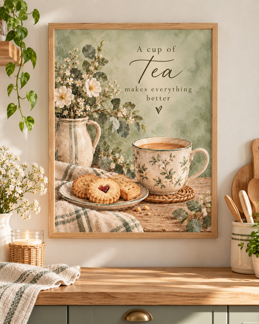 A cup of tea makes everything better quote with floral teacup, biscuits, daisies, ceramic jug and sage green background; print only, frame not included