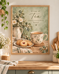 A cup of tea makes everything better quote with floral teacup, biscuits, daisies, ceramic jug and sage green background; print only, frame not included