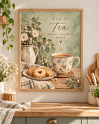 A cup of tea makes everything better quote with floral teacup, biscuits, daisies, ceramic jug and sage green background; print only, frame not included