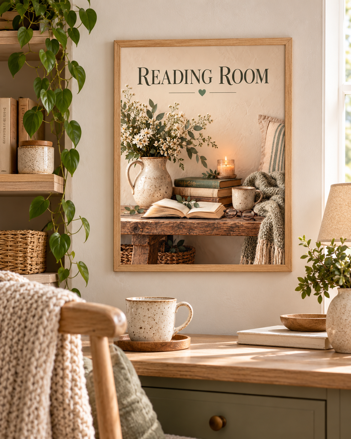 Reading Room still life with books, reading glasses, coffee, candle and flowers in a cream jug in a styled home display
