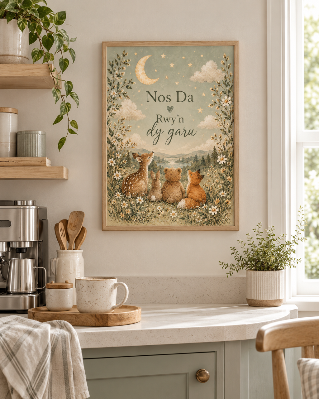 Nos Da Rwyn dy garu Welsh goodnight quote with deer, rabbit, bear and fox beneath a crescent moon and stars styled in a kitchen