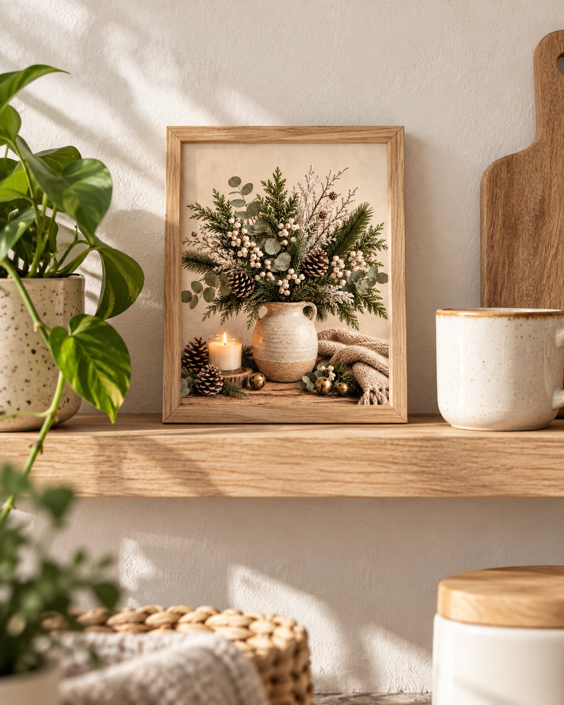 Winter botanical still life with evergreen foliage, eucalyptus, white berries and pine cones in a rustic jug, candle, brass bells and knitted blanket styled in a shelf